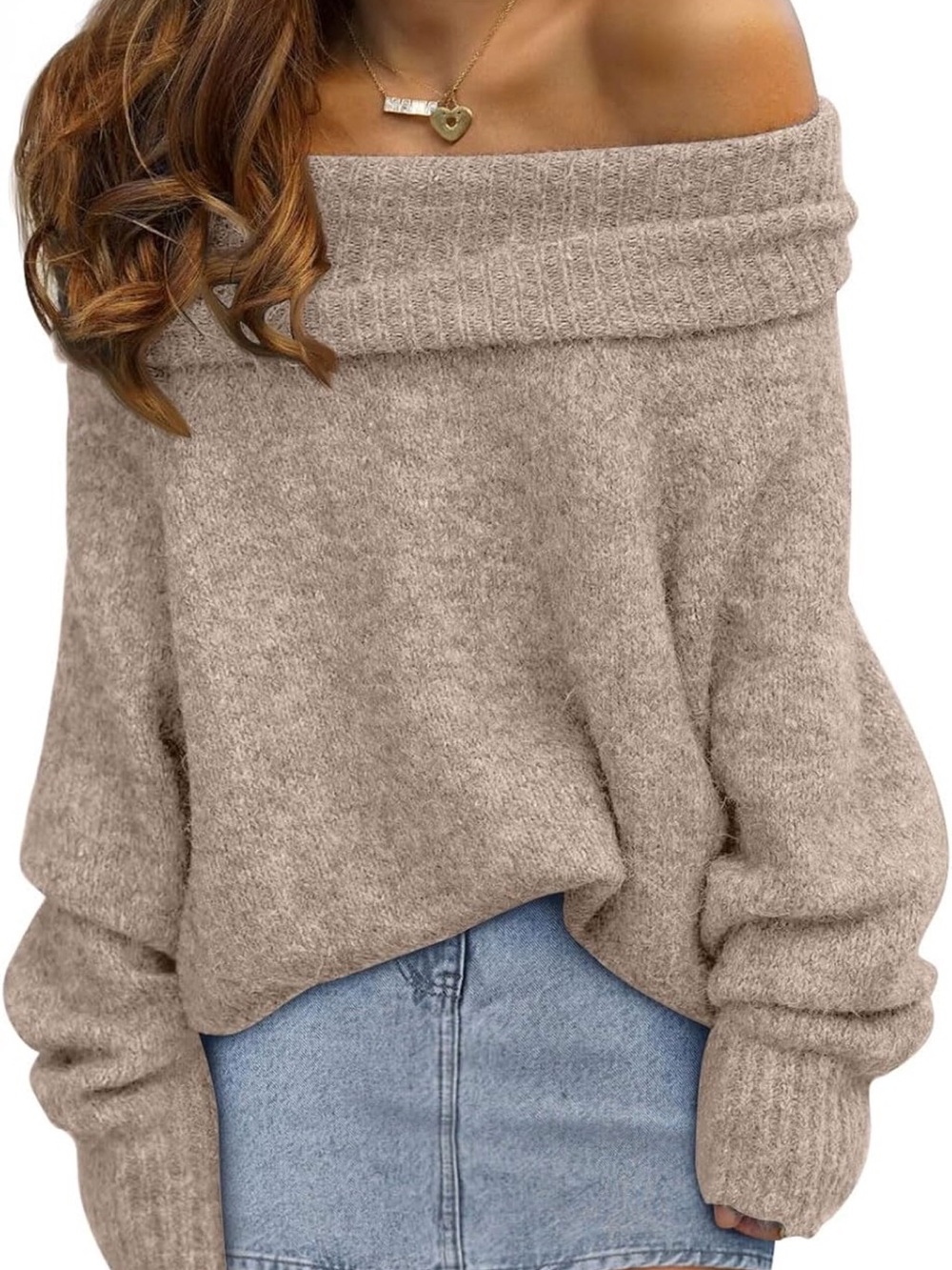 Off-Shoulder Cozy Knit Sweater - Apricot
